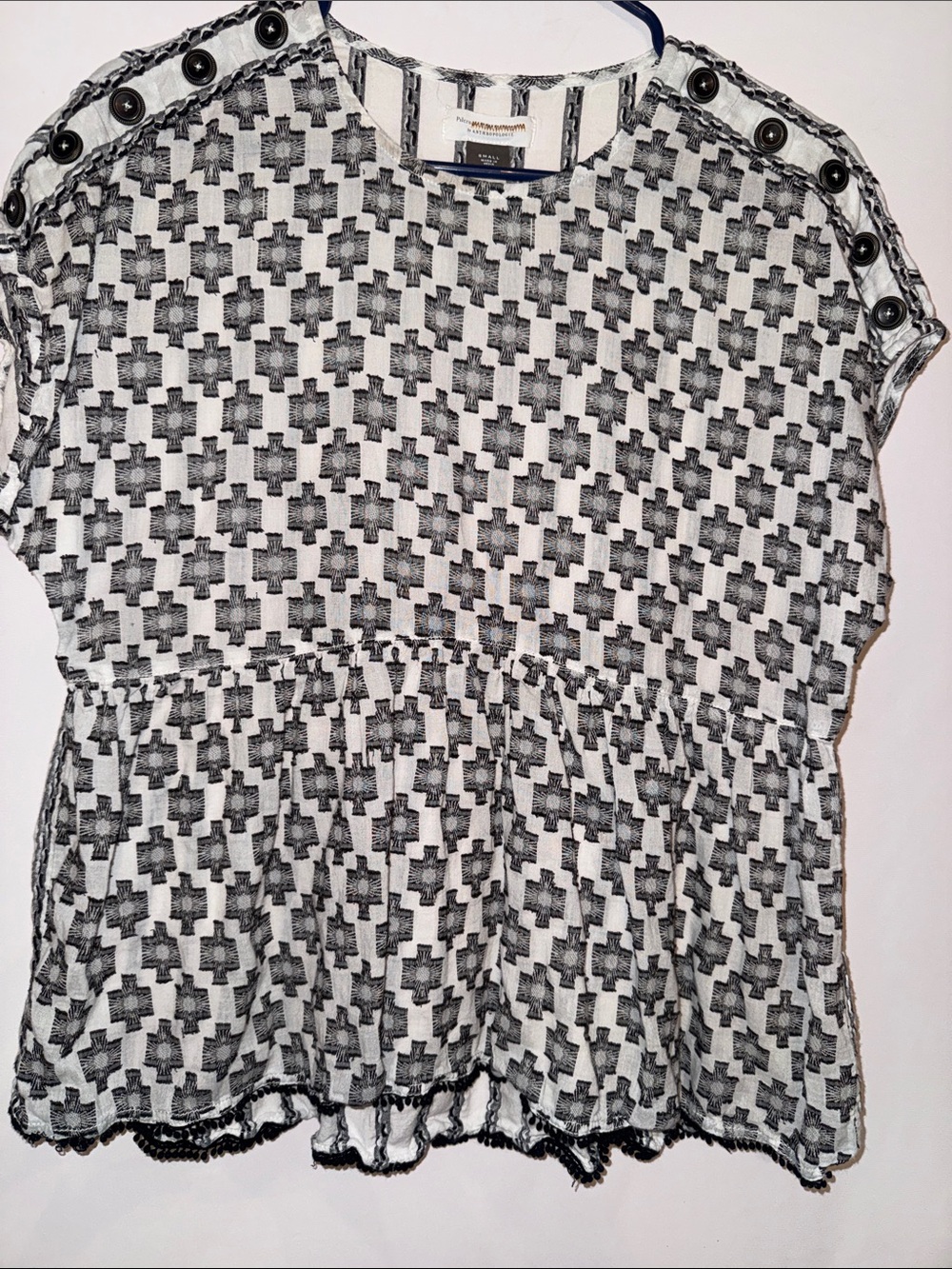 Anthropologie Black & White Cross-Print Peplum Blouse